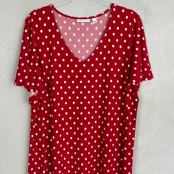Susan Graver size XL midi dress liquid knit flutter sleeve red polka dot v-neck - Picture 3 of 11